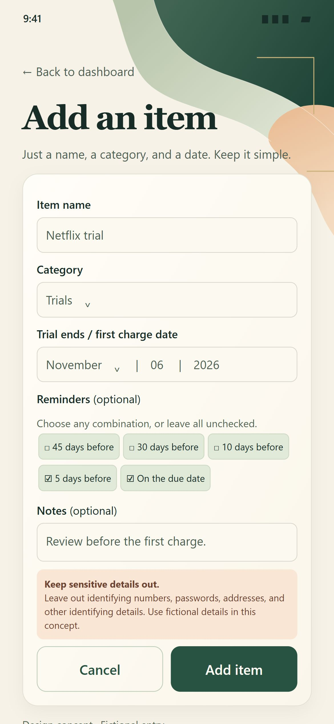 First-item form with category, separate date fields, optional reminders and notes.