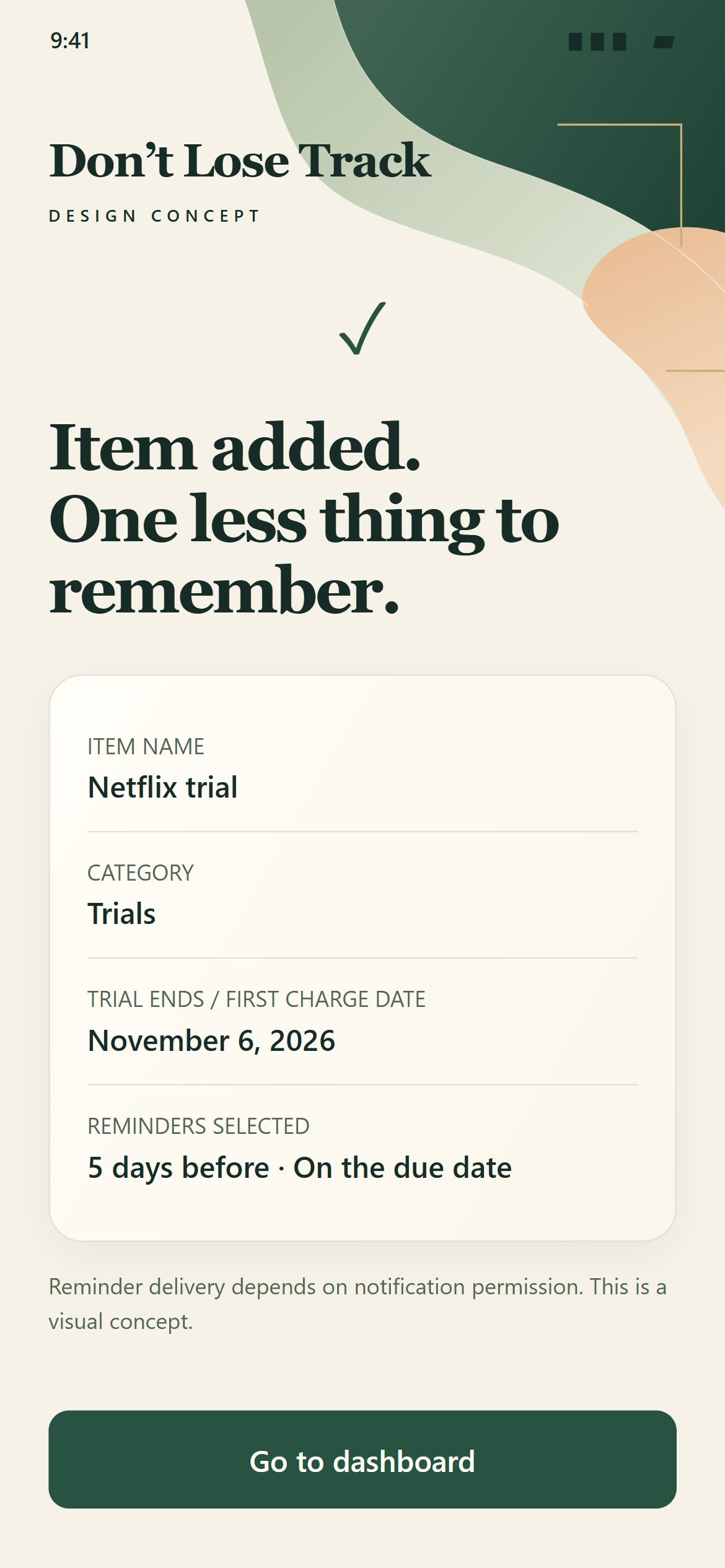One-time confirmation: Item added. One less thing to remember. Item details are listed separately.