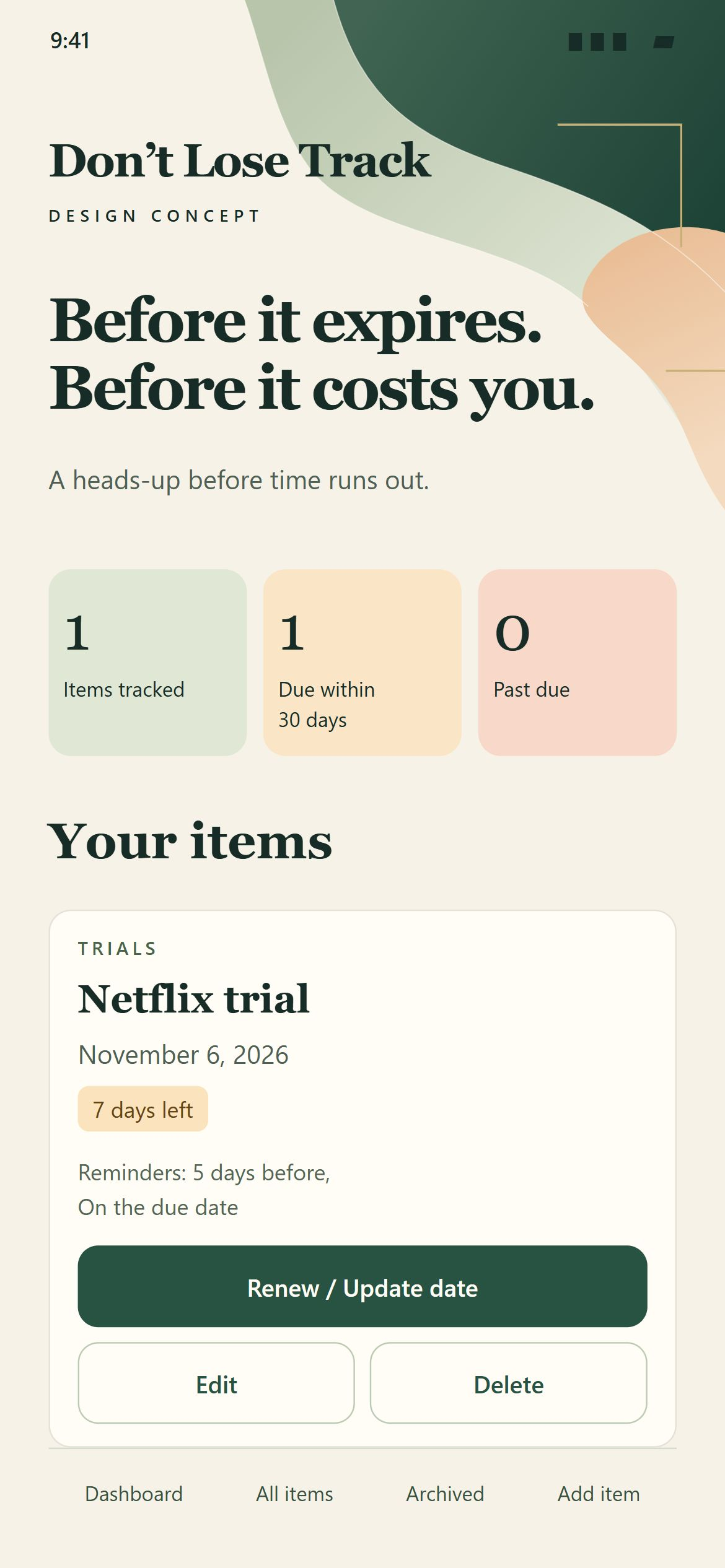 Design concept of the planned phone dashboard, showing one trial entry, a countdown, and reminder preferences.